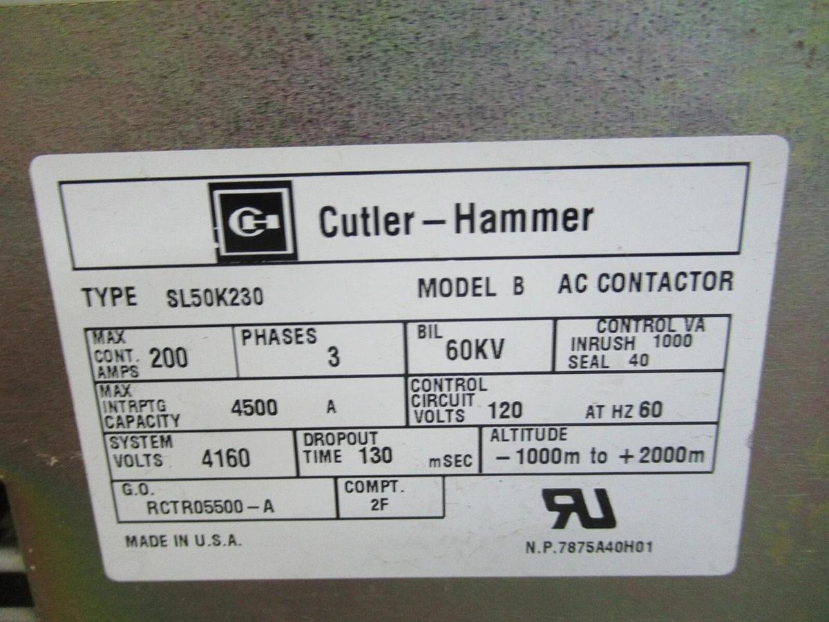 Used CUTLER-HAMMER AC CONTACTOR SL50K230 200 AMP 3-PHASE 4160 V MAX 120 CONTROL VOLT