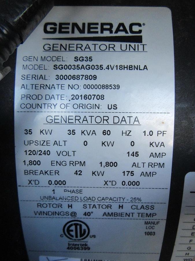 Used 35 KW GENERATOR GENERAC NATURAL GAS LP PROPANE 120/240 V 1 PH 30 KW 40KW 416 HRS