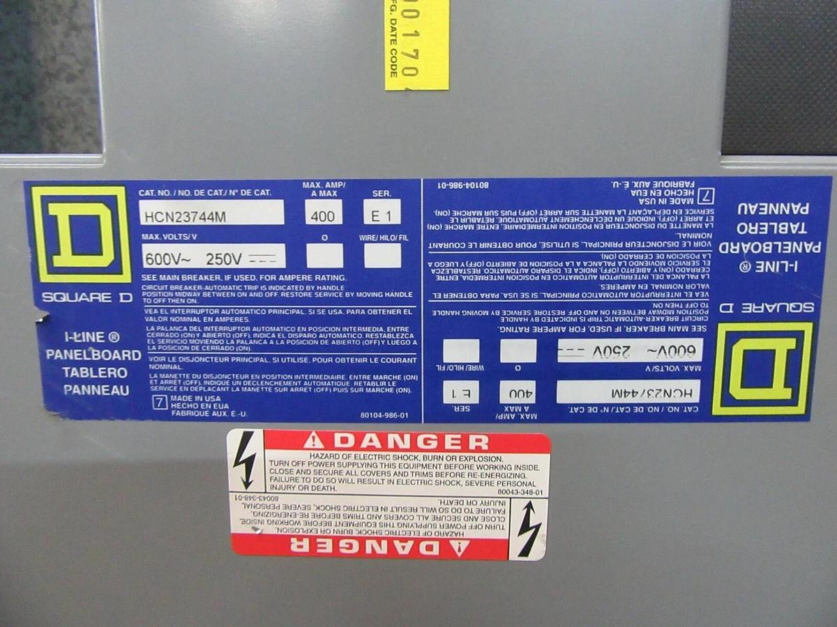Used 400 AMP SQUARE D I-LINE PANELBOARD PANEL W/ MAIN 3 PH 4 W 600 / 480 VAC E1