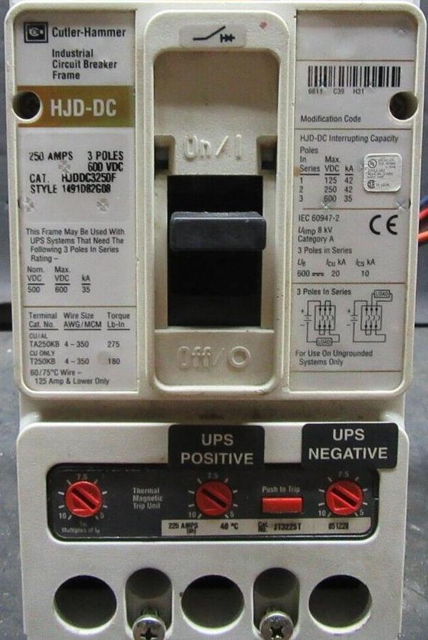 Used CUTLER HAMMER DC CIRCUIT BREAKER HJDD3250F 225 AMP TRIP 250 AMP FRAME 600 VDC