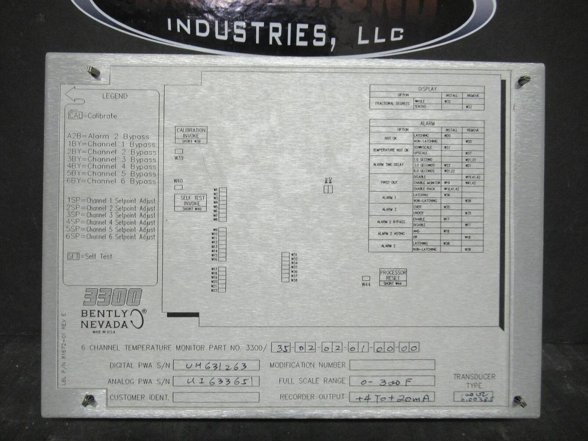 Used BENTLY NEVADA 6 CHANNEL TEMP. MONITOR 81672-01 REV. E 3300/35-02-02-01-00-00