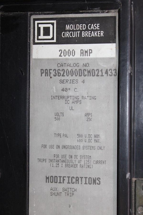 Used SQUARE D DC CIRCUIT BREAKER PAF362000DCM021433 W/ AUX. SWITCH & SHUNT TRIP