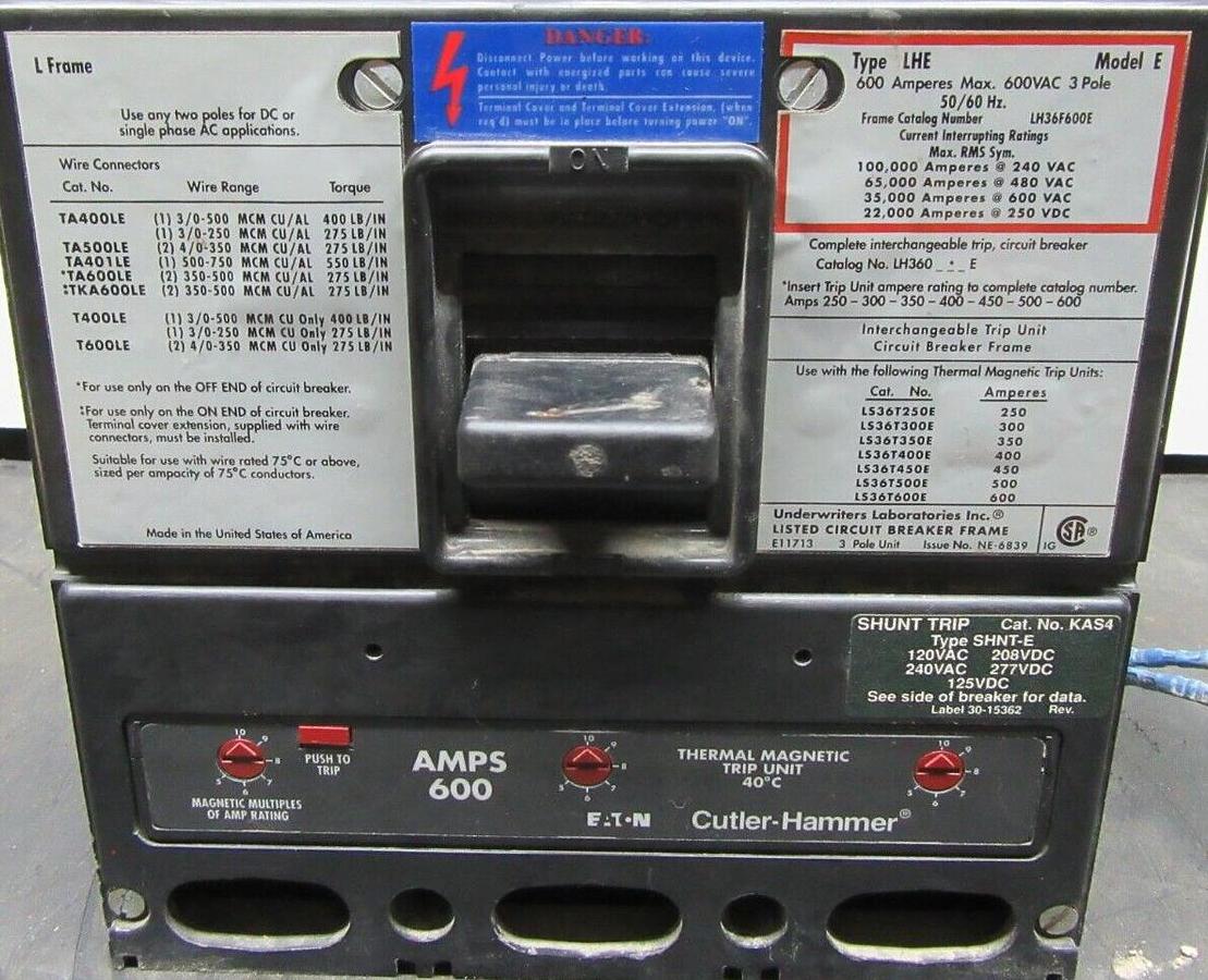 Used WESTINGHOUSE CIRCUIT BREAKER LH36F600E 600 AMP 3-POLE 600 VAC LHE FRAME