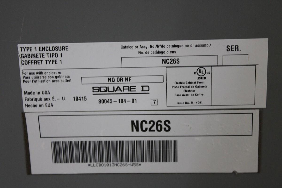 Used SQUARE D NQ SERVICE PANELBOARD MH26 NC26S 100A 240 VAC 3-PHASE