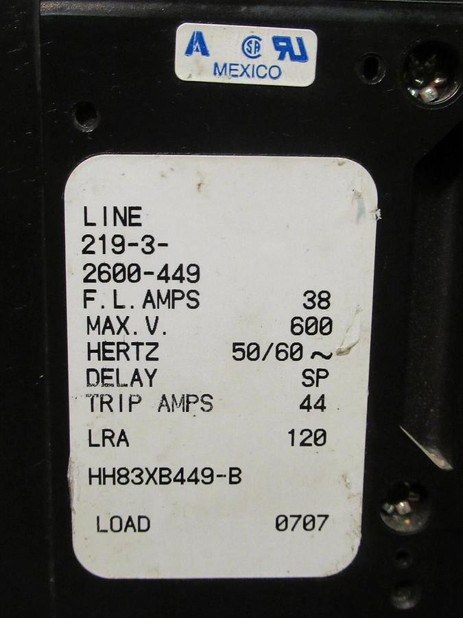 Used AIRPAX 3 POLE 38 AMP BREAKER 600 VAC 219-3-2600-449 44 TRIP AMPS HH83XB449-B