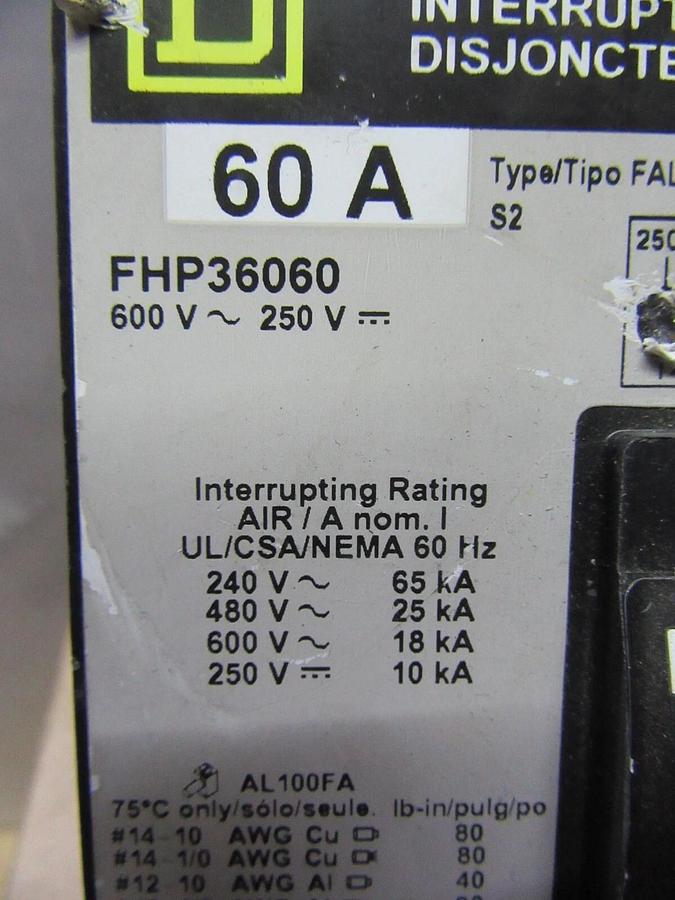 Used SQUARE D CIRCUIT BREAKER FHP36060 60 AMP 600 VAC 3-POLE **WARRANTY INCLUDED**