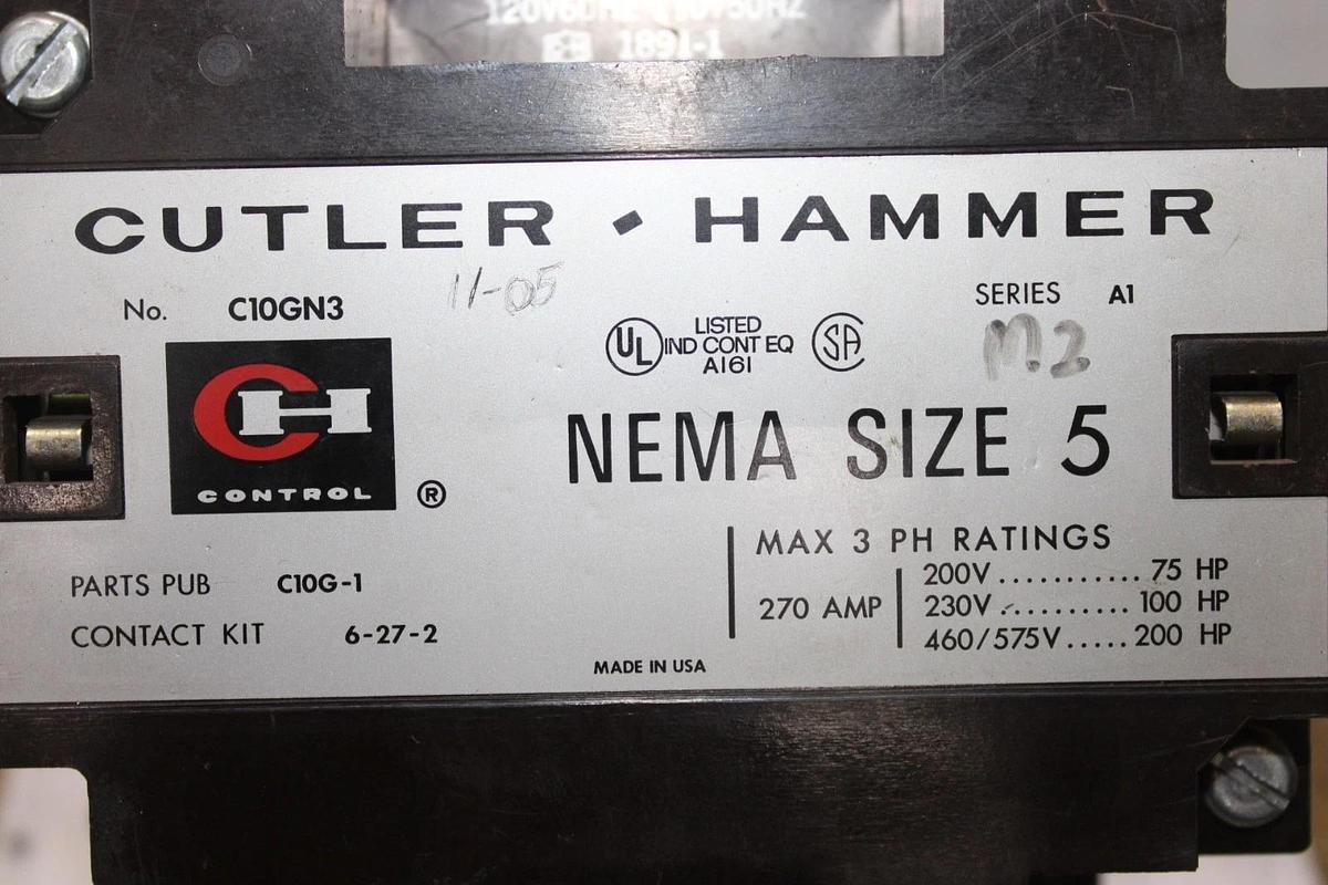 Used CUTLER-HAMMER NEMA CONTACTOR C10GN3 NEMA SIZE 5 270 AMP 600 VOLT 3-PHASE