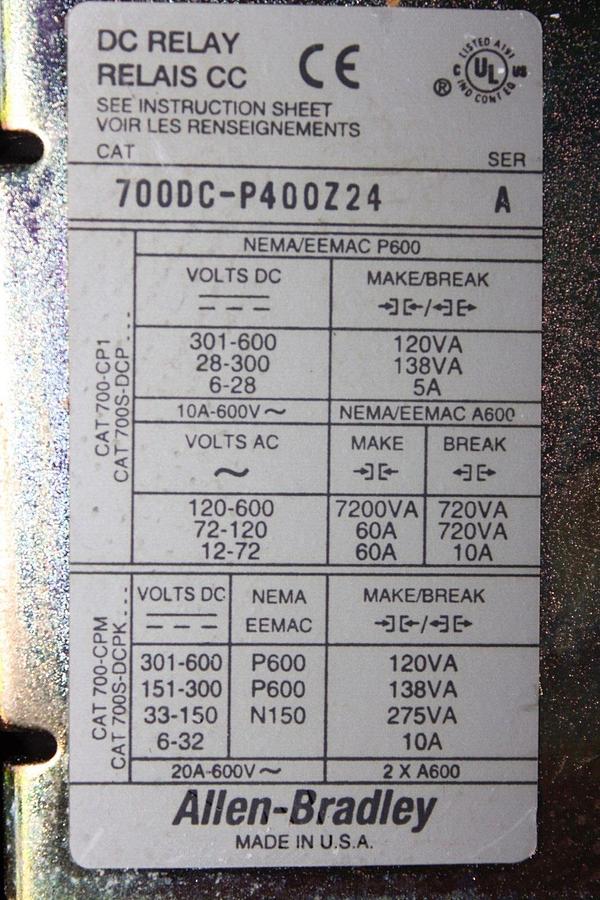 Used ALLEN BRADLEY DC RELAY 700DC-P400Z24 600 VAC 60 AMP **WARRANTY**