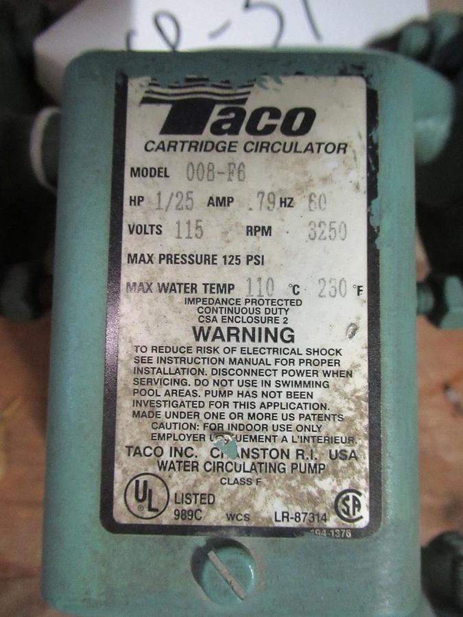 Used TACO CENTRIFUGAL PUMP 008-F6 1/25HP 3250RPM 115V 0.79A **WARRANTY INCLUDED**
