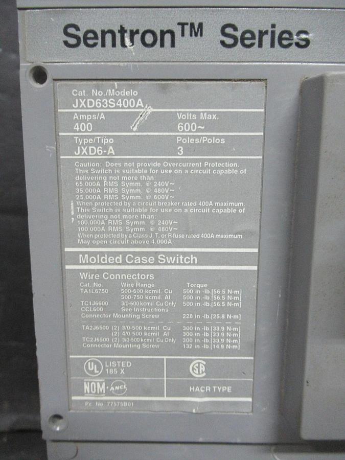 Used SIEMENS SENTRON MOLDED CASE SWITCH JXD63S400A 400 AMP 600 VAC 3-POLE