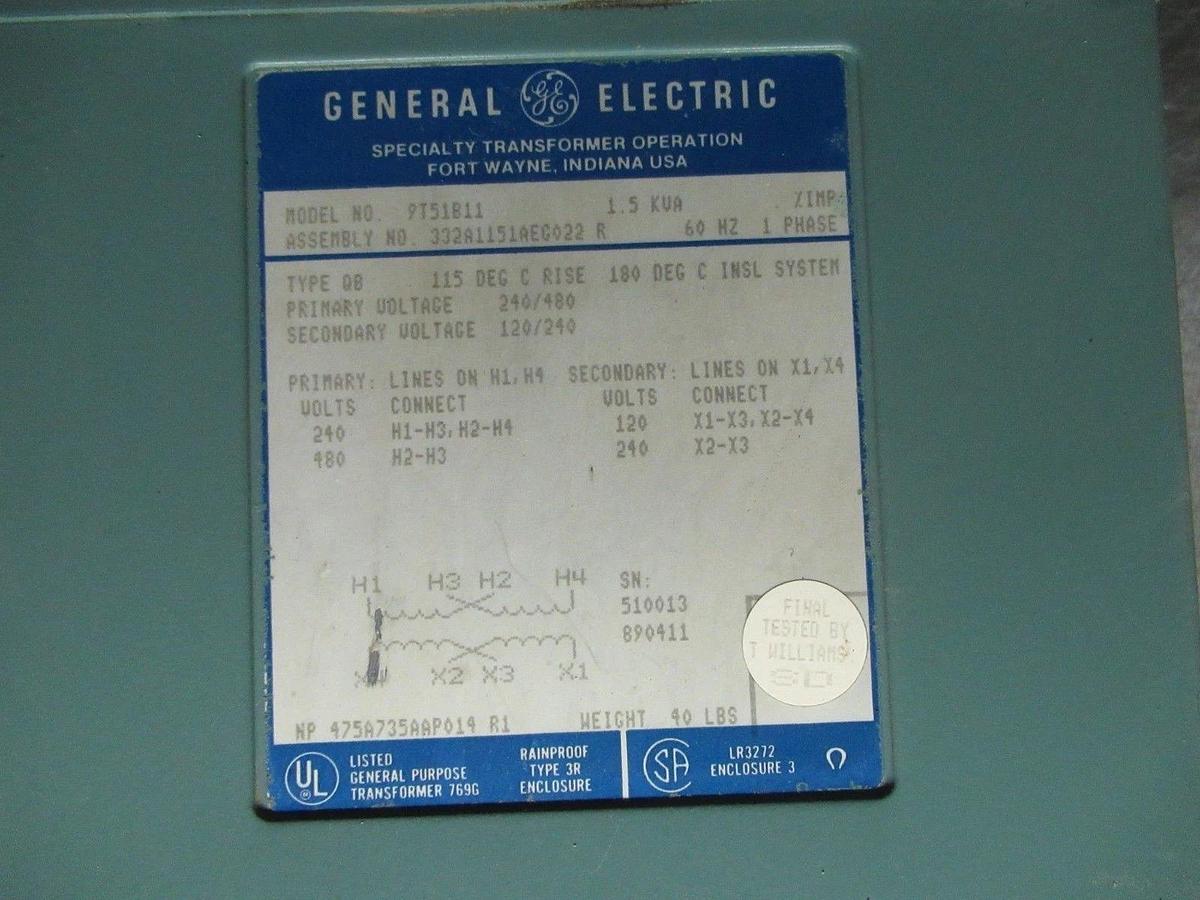 Used GENERAL ELECTRICAL GE TRANSFORMER 9T51B11 KVA: 1.5 240X480 VAC PRI 120/240 V SEC