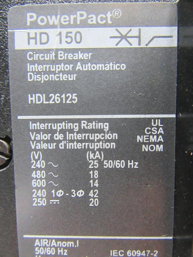 Used SQUARE D POWERPACT CIRCUIT BREAKER HDL26125 2-POLE 125 AMP 600 VAC **WARRANTY**