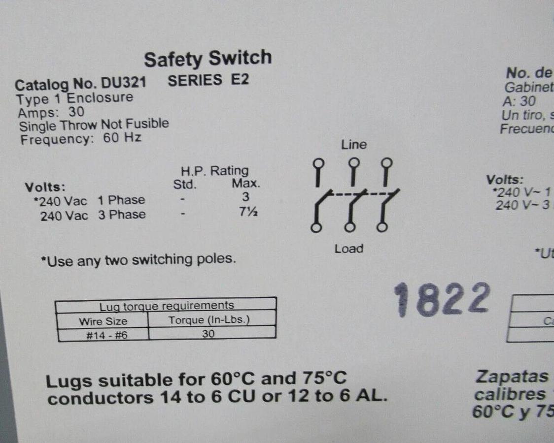 NEW SURPLUS SQUARE D SAFETY SWITCH DU321 30 AMP 240 VAC 7.5 HP 3-PHASE 3-POLE