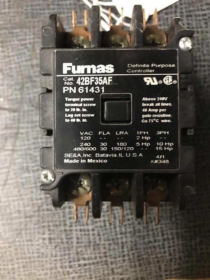 Used FURNAS DEFINITE PURPOSE CONTACTOR 42BF35AF 61431 30 AMP 600 VAC 15 HP 3-POLE