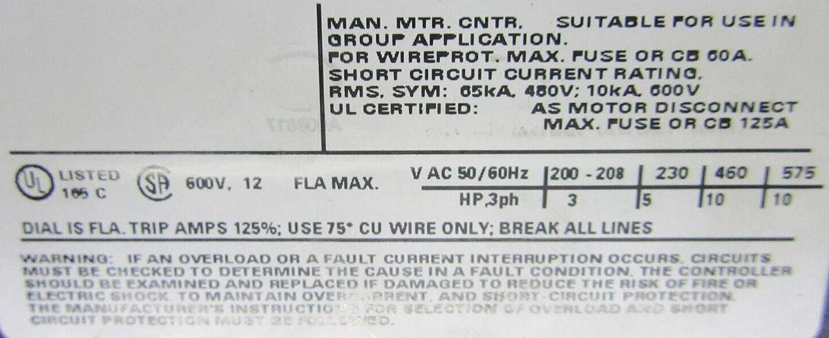 Used SIEMENS STARTER 3RT1016-1AB01 W/ 3RV1011-1KA10 600 VOLT 5 HP 20 AMP **WARRANTY**