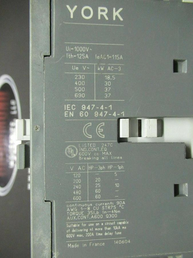 YORK CONTACTOR 024-31107-000 90 AMP 600 VAC 60 HP 110/120 VOLT COIL **WARRANTY**