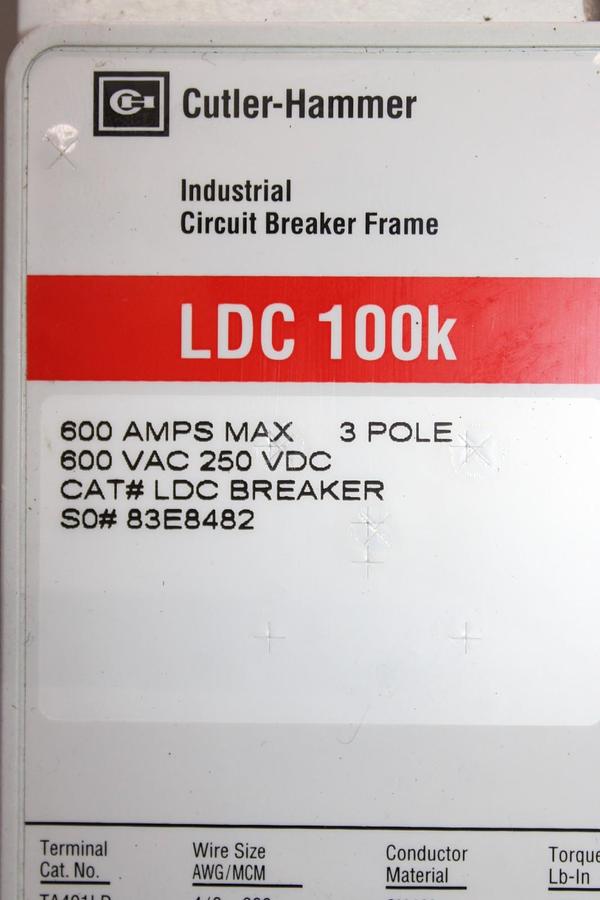 Used CUTLER HAMMER CIRCUIT BREAKER LDC36600 600 AMP 600 VAC 3-POLE LDC-100K