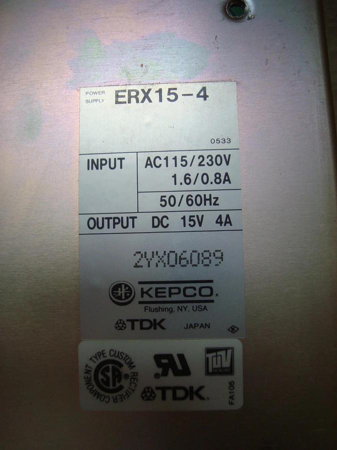 Used KEPCO TDK POWER SUPPLY 115/230 VAC TO 15 VDC 4 AMP MODEL: ERX15-4 3EA00B008