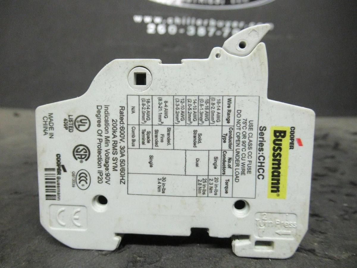 Used COOPER BUSSMANN CC FUSE 30 A 600 V CHCC FUSE HOLDER DIN RAIL MOUNTED SINGLE POLE
