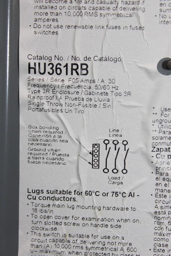 NIB SQUARE D HEAVY DUTY SAFETY SWITCH H361RB 30 AMP 600 VAC TYPE 3R NON-FUSIBLE