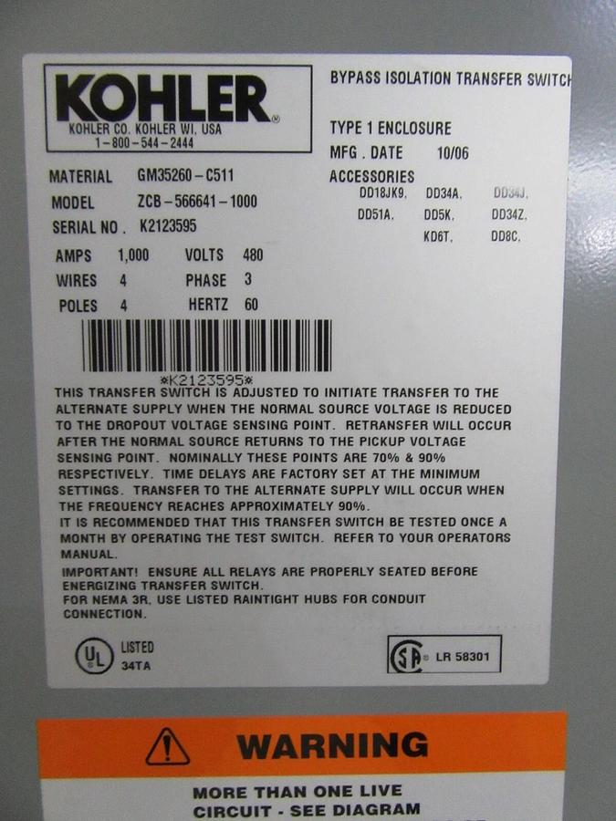 NEW 1000 AMP KOHLER ASCO ATS AUTOMATIC TRANSFER SWITCH ZCB-566641-1000 480 V 3 P
