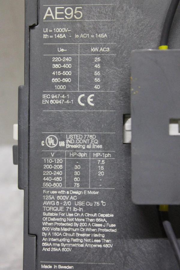 Used ABB CONTACTOR AE95-30 125 AMP 600 VOLT 3-POLE 3-PHASE 75 HP COIL: 48 VDC