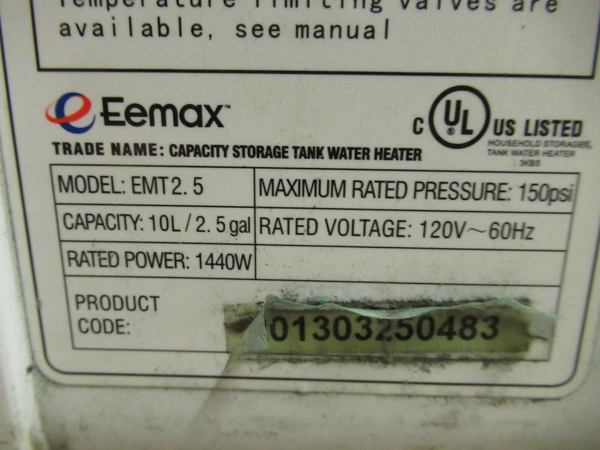 Used EEMAX EMT2.5 STORAGE TANK WATER HEATER 150 PSI 2.5 GALLON 1440 WATT 120 VAC
