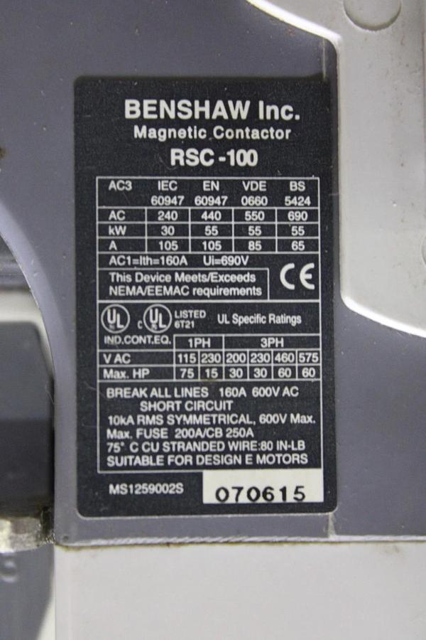 Used BENSHAW MAGNETIC CONTACTOR RSC-100 160 AMP 600 VOLT 3-POLE COIL: 100-240 VOLT