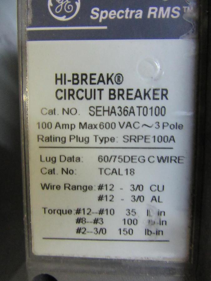 Used GE CIRCUIT BREAKER ENCLOSURE TE100F MOD. 9 TYPE 1 ENCL. W/ SEHA36AT0100