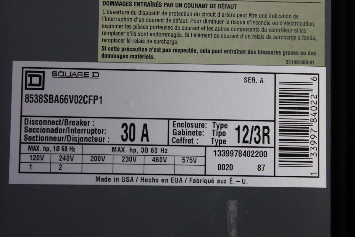 Used SQUARE D COMBINATION STARTER 8538SBA66V02CFP1 30 AMP 600 VAC TYPE 12/3R