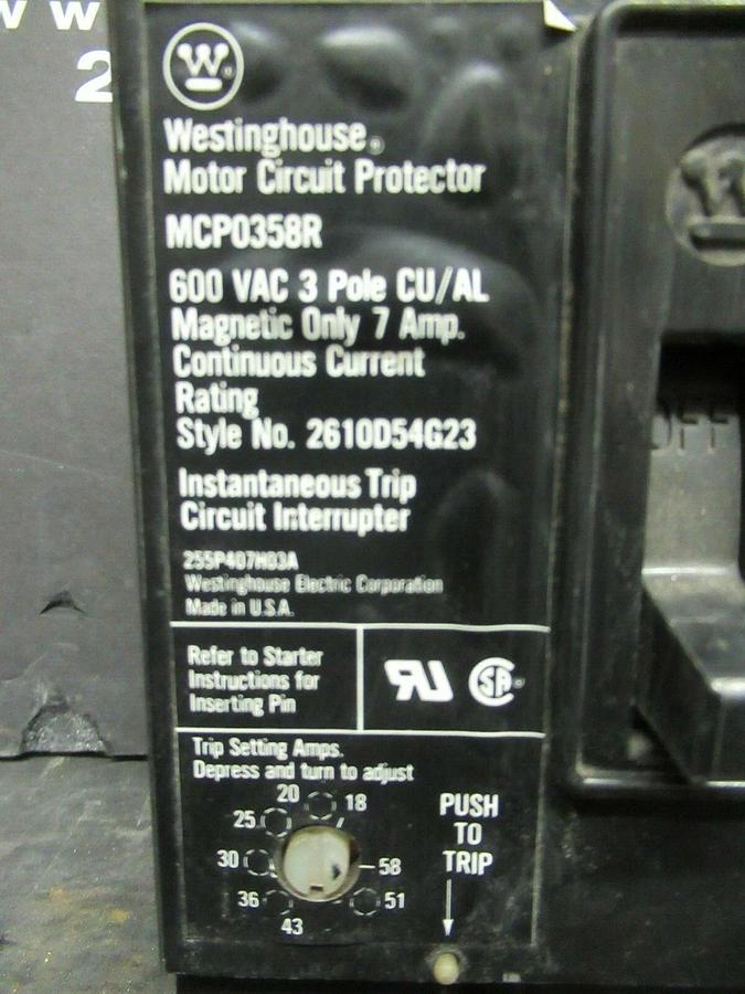 Used 7 AMP WESTINGHOUSE BREAKER MCP0358RC 600 VAC 3-POLE **WARRANTY INCLUDED!**