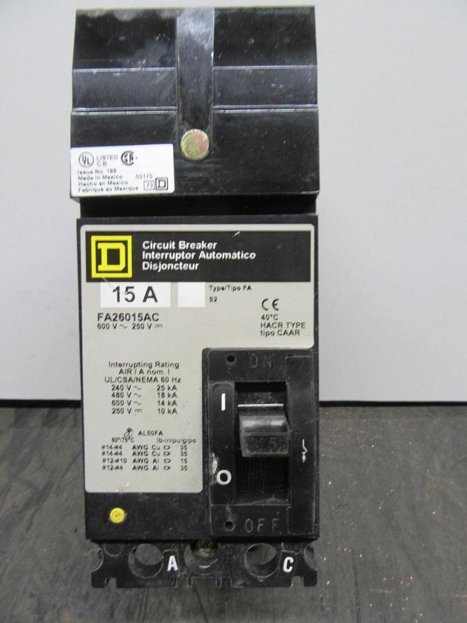 Used SQUARE D I-LINE CIRCUIT BREAKER FA26015AC 2-POLE 15 AMP 600 VAC **WARRANTY**