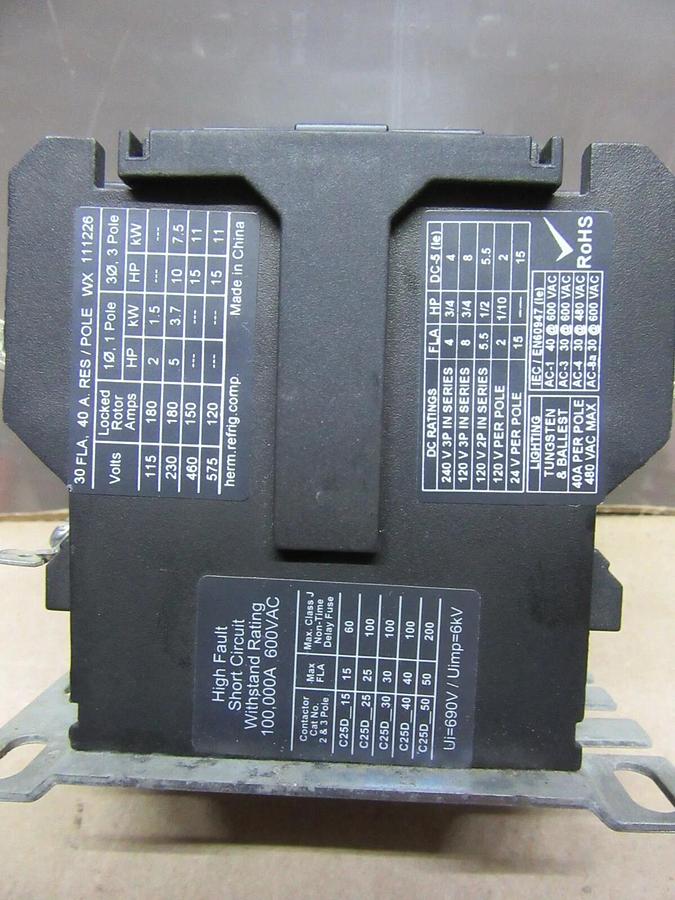 Used EATON CONTACTOR C25DNF330 30 AMP 600 VAC 3-POLE 3-PHASE COIL: 120 VAC
