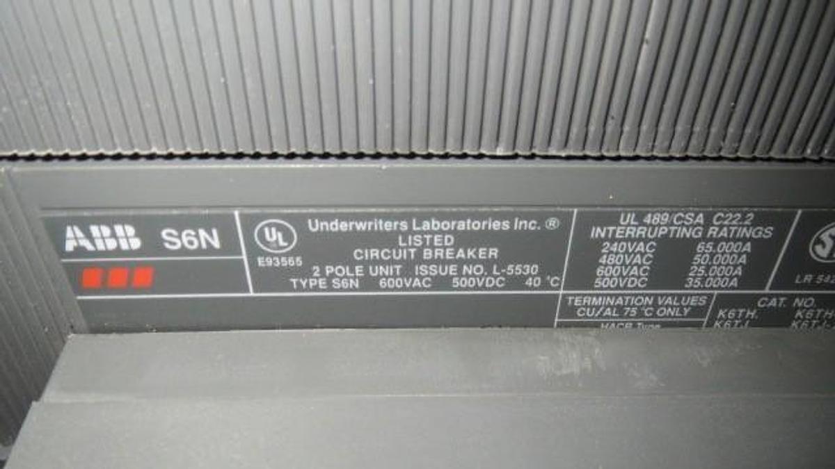 Used ABB D/C BREAKER SACE S6 600 AMP, 600 VAC 500 VDC W/ 600 AMP TRIP, 2 POLE