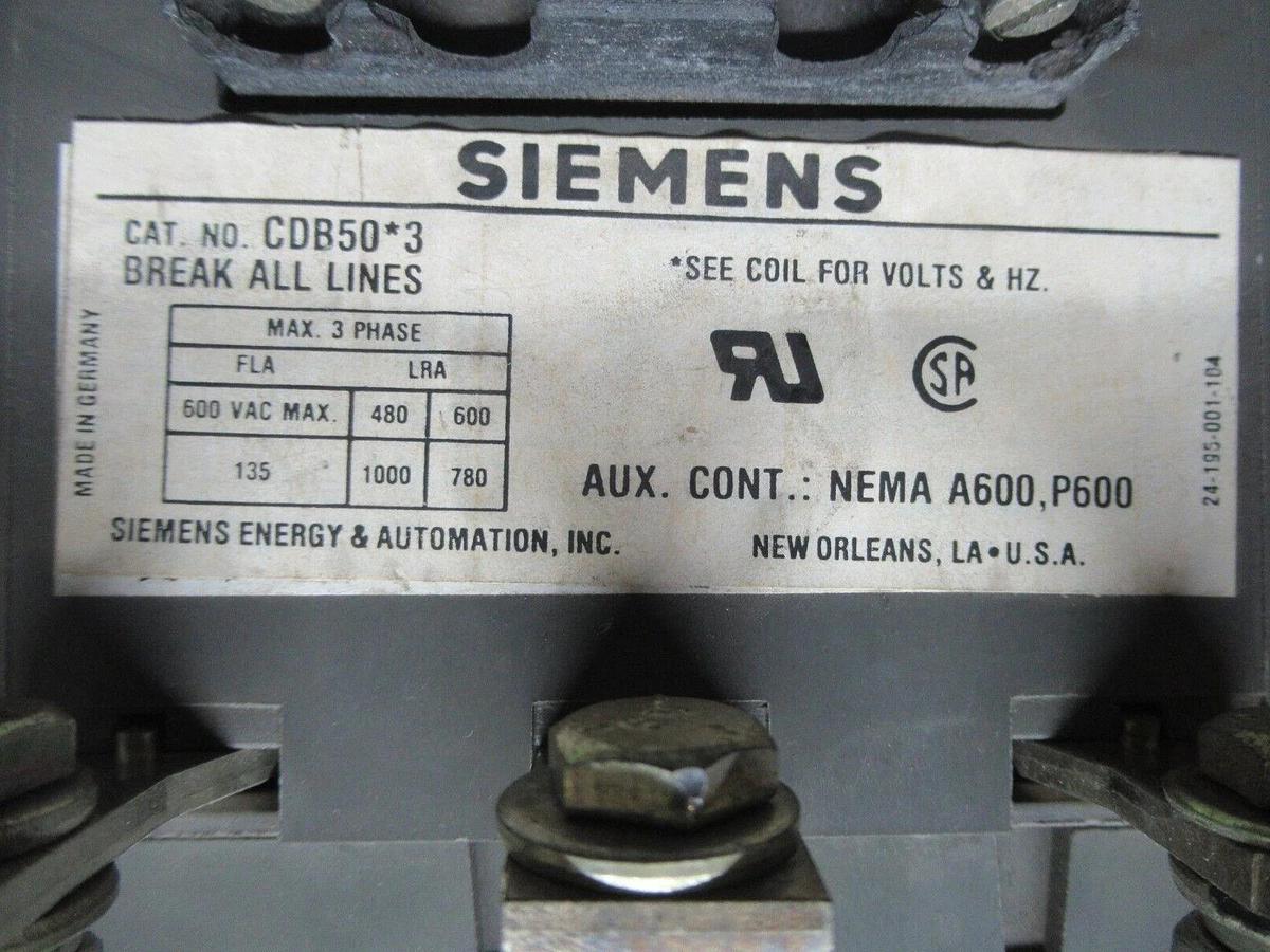 Used SIEMENS CONTACTOR CDB50*3 600 VAC 135 AMP 110/120 V COIL **WARRANTY**