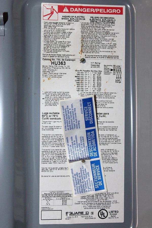 Used SQUARE D DISCONNECT SWITCH HU363 100 AMP 600 VAC TYPE 1 ENCLOSURE