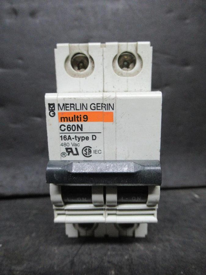 Used MERLIN GERIN TWO POLE BREAKER 24524 MULTI 9 C60N 16A-TYPE D 480 VAC