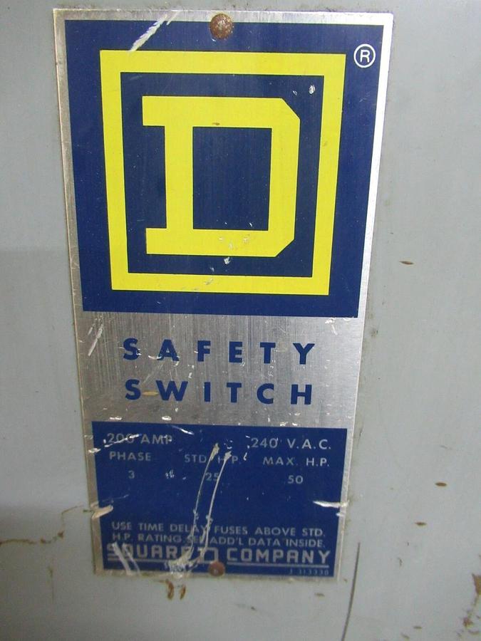 Used SQUARE D SAFETY SWITCH H324-N SER. A1 200 AMP 50 HP 240 VAC 3-POLE **WARRANTY**