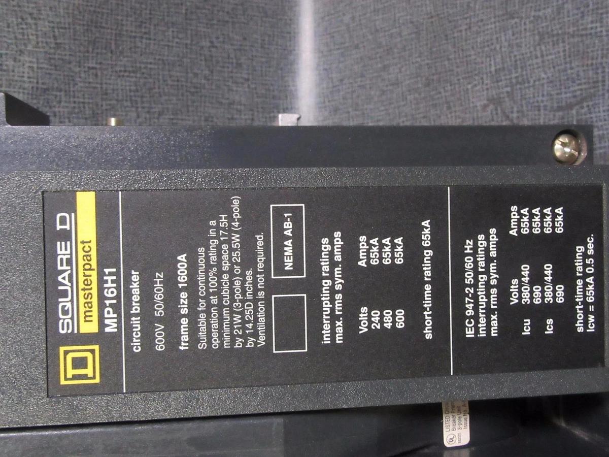 Used 1600 AMP SQUARE D MP16H1 MASTERPACT BREAKER 1600A 3P 600V STR58U W/ LSI MP16HI