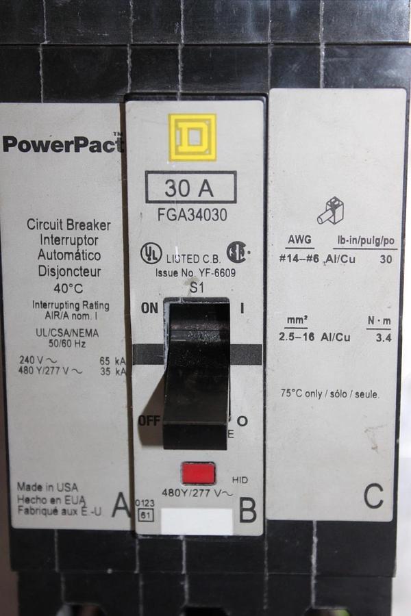 Used SQUARE D POWERPACT I-LINE CIRCUIT BREAKER FGA34030 30 AMP 3-POLE 480/277 VAC