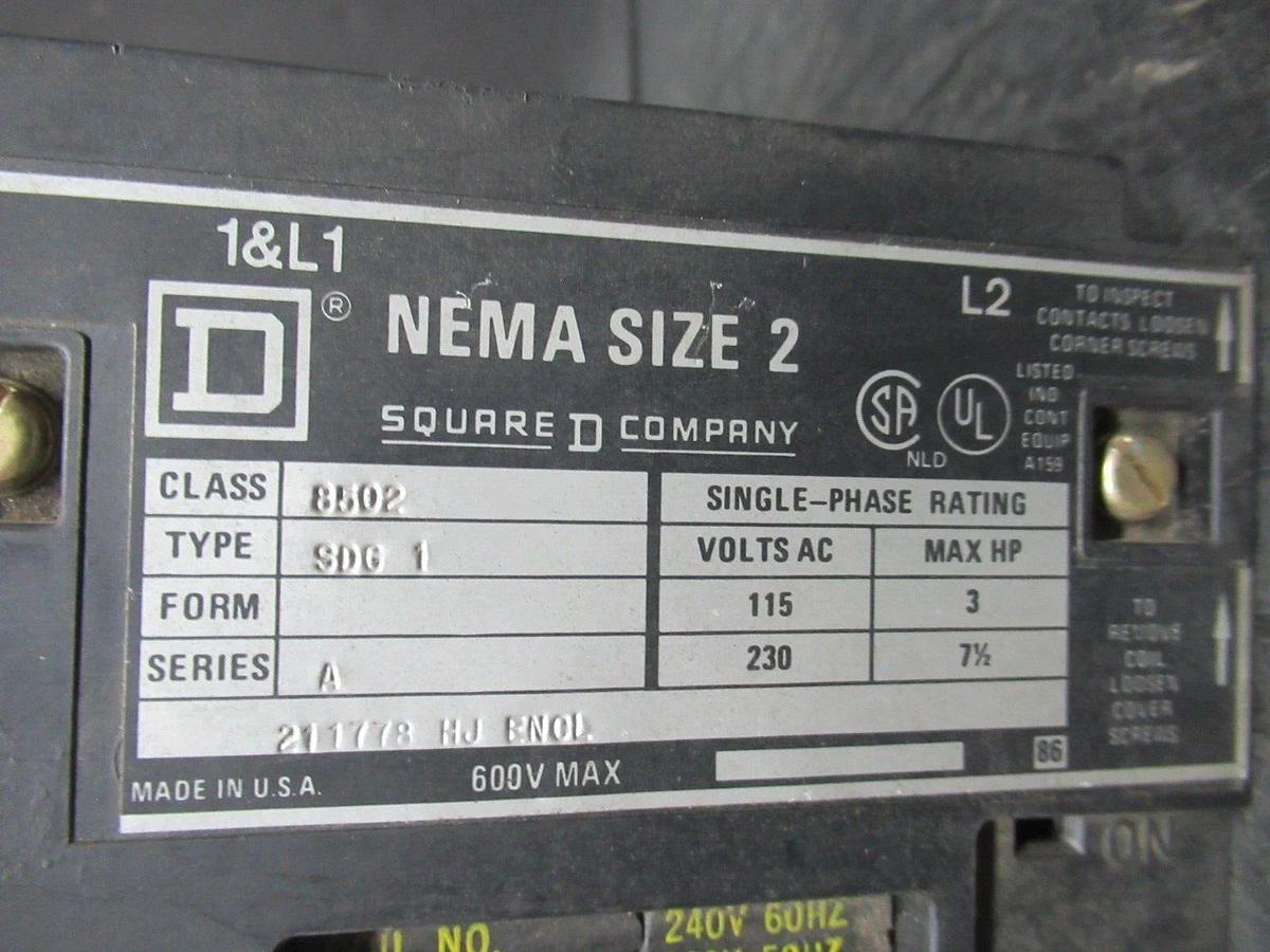 Used SQUARE D NEMA SIZE 2 CONTACTOR 8502SDG1 SER. A 230 VAC 7.5 HP COIL: 220/240 VOLT