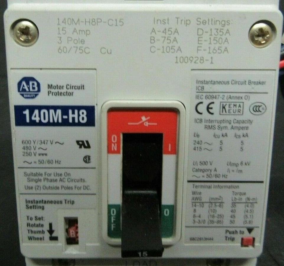 Used 15 AMP ALLEN BRADLEY BREAKER 140M-H8P-C15 3 POLE 480 VAC **WARRANTY INCLUDED**