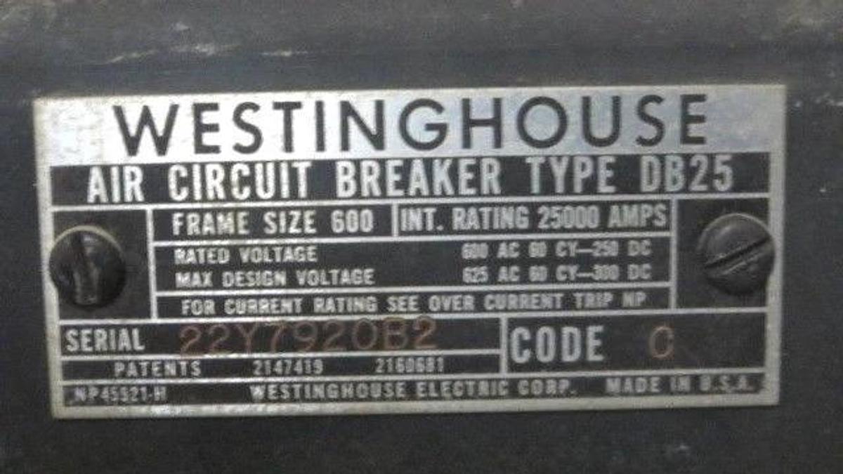 Used WESTINGHOUSE AIR BREAKER DB25 600 AMP 600 VAC 2 POLE **WARRANTY INCLUDED**