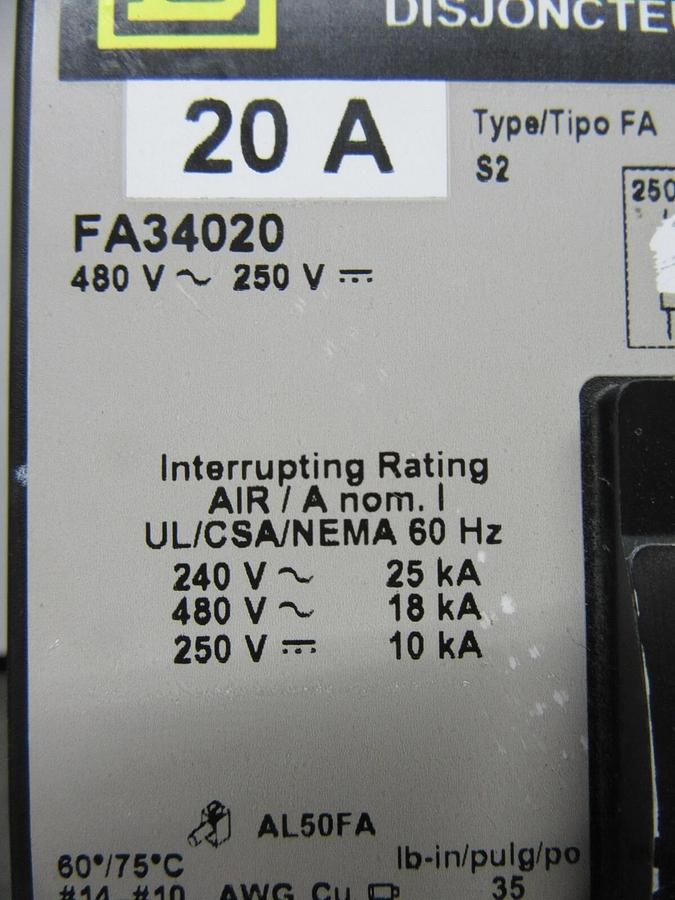 Used SQUARE D I-LINE CIRCUIT BREAKER FA34020 20 AMP 480 VAC 3-POLE **WARRANTY**