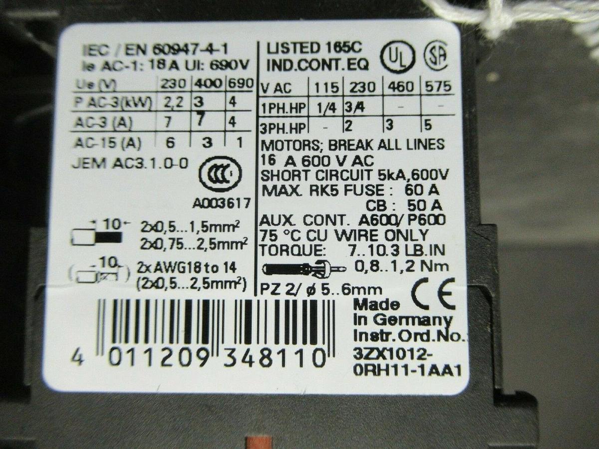 Used SIEMENS STARTER 3RU1116-1DB80 / 3RT1015-1AK81 600 VAC 16 AMP 5 HP