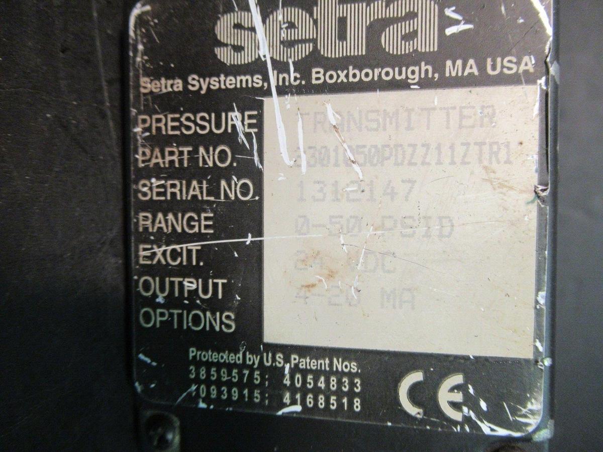 Used SETRA SYSTEMS PRESSURE TRANSMITTER 2301050PDZZ11ZTR1 0-50 PSID 24 VDC 4-20 MA