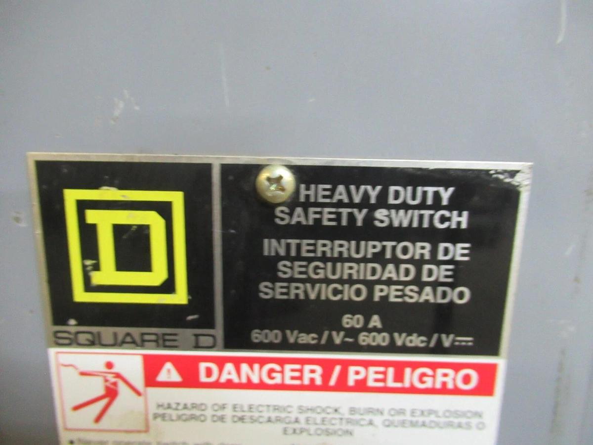Used SQUARE D HEAVY DUTY SAFETY SWITCH HU362 TYPE 1 ENCL. 60 AMP 60 HP 600 VAC 3-POLE