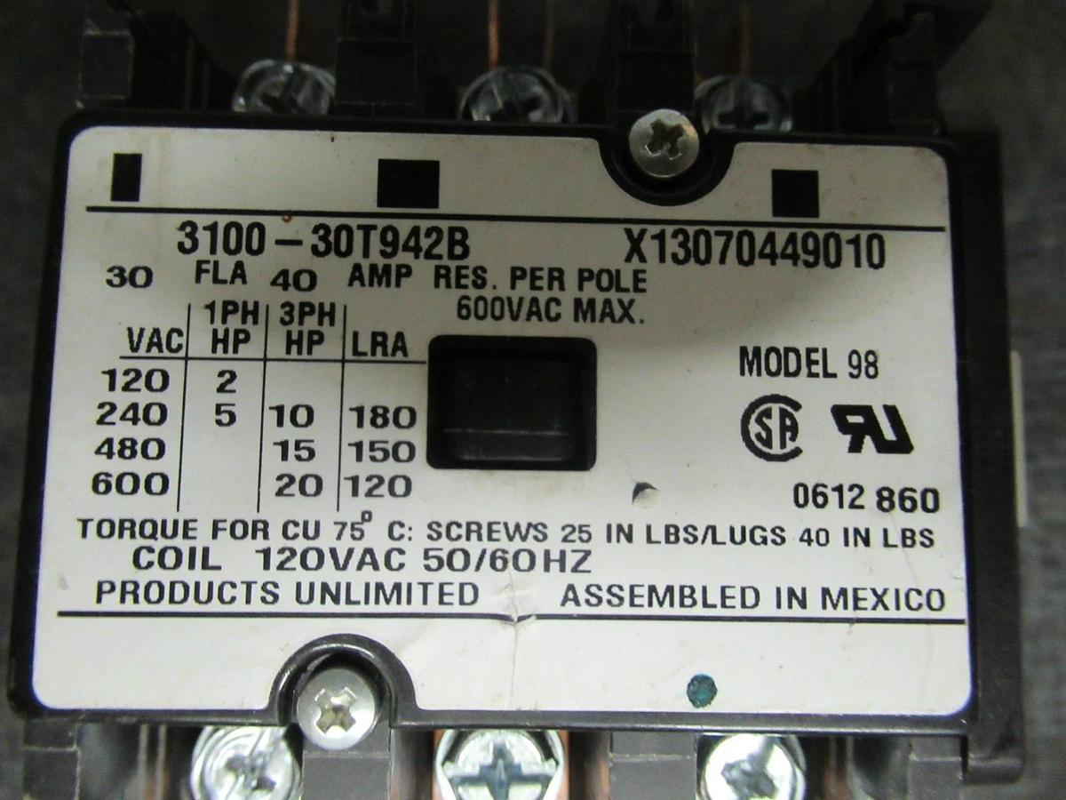 Used PRODUCTS UNLIMITED CONTACTOR 3100-30T942B 30 AMP 600V 40A/RES 20HP X13070449010