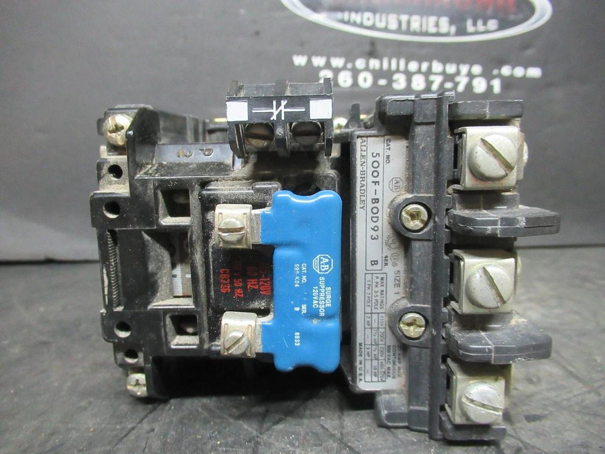 Used ALLEN BRADLEY NEMA 1 CONTACTOR 500F-BOD93 27 AMP 600 VAC 10 HP W/ 599-K04