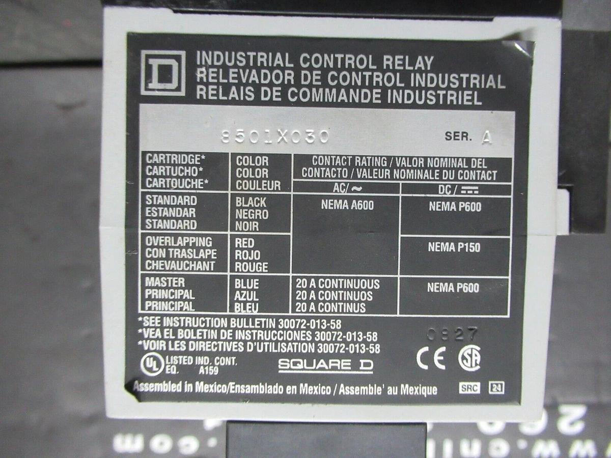 Used SQUARE D INDUSTRIAL CONTROL RELAY 8501X030 SER. A COIL: 110/120 VAC